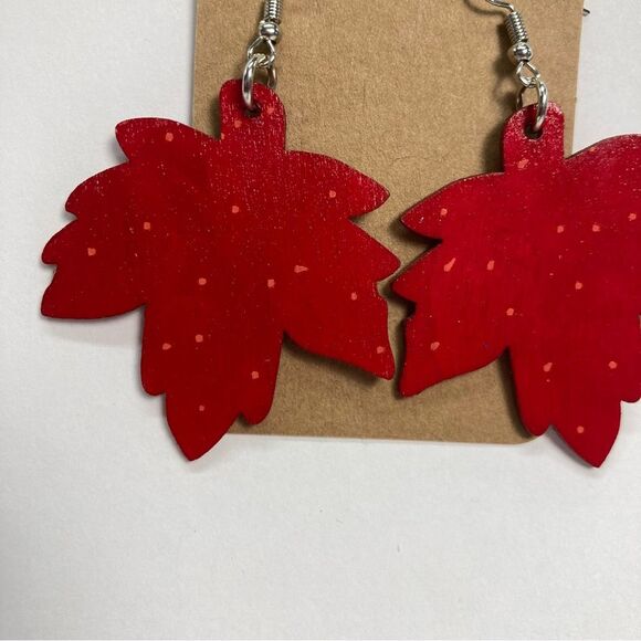 Hand-Painted Earrings Wooden Red Maple Leaf for Fall Halloween Thanksgiving New - Picture 4 of 10